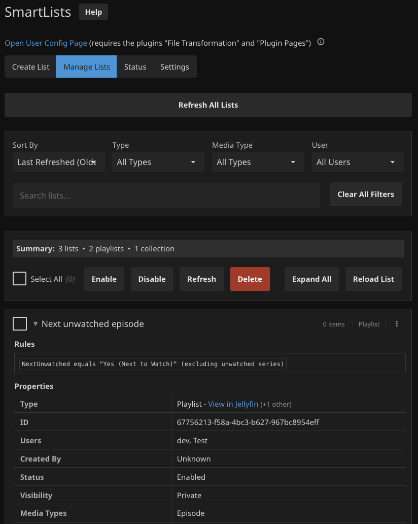 Manage lists page