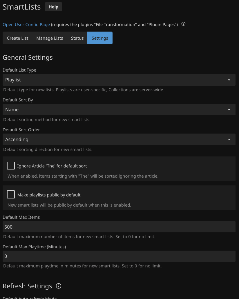Settings page